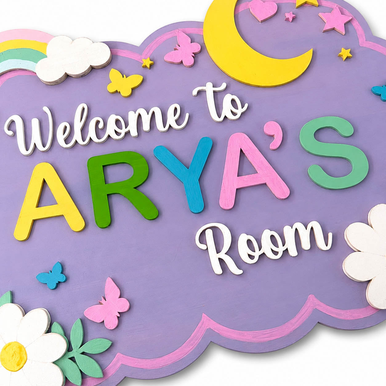 Rainbow & Flowers Themed Hand-Painted Wooden Scalloped Cloud Kids Name Plate - Design 1