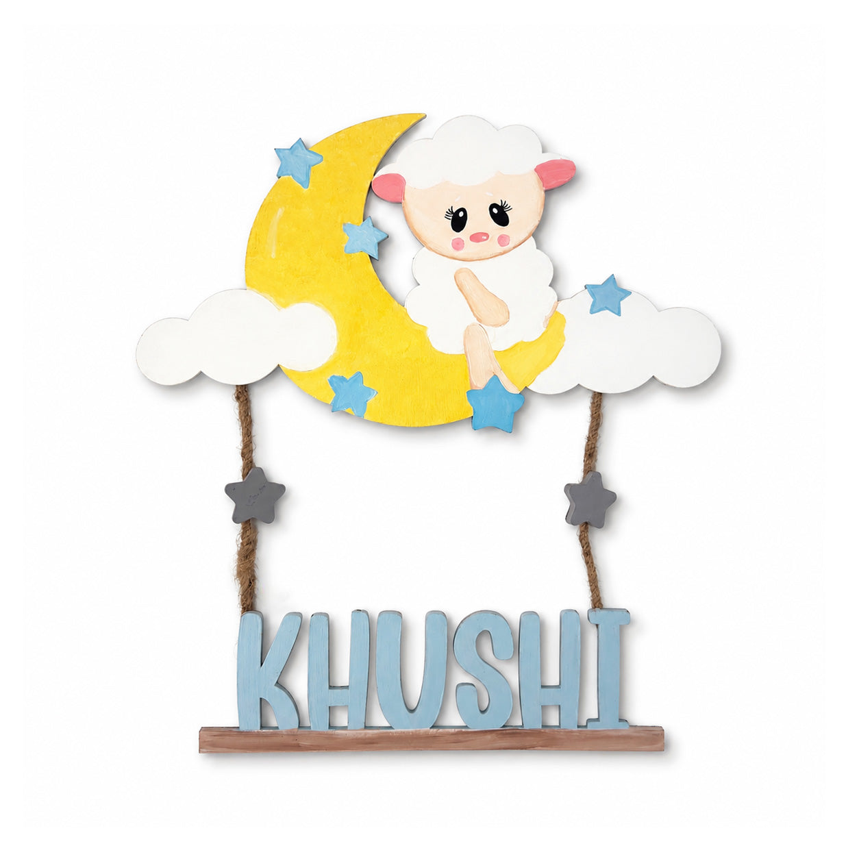 Sheep Themed Hand-Painted Wooden Kids Name Plate - Design 1