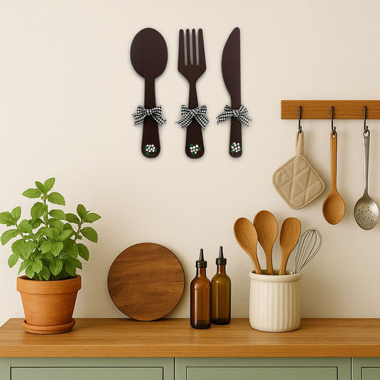 Spoon, Fork, Knife Hand-Painted Wooden Kitchen Wall Hanging Set Of 3