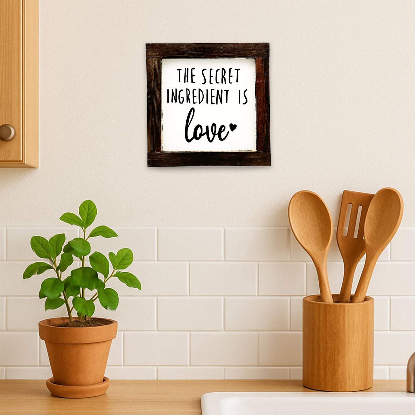 The Secret Ingredient Is Love  Hand-Painted Wooden Kitchen Wall Frame - Wooden Finish
