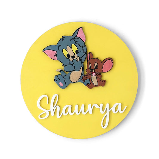 Tom And￼ Jerry Themed Hand-Painted Wooden Name Plate For Kids