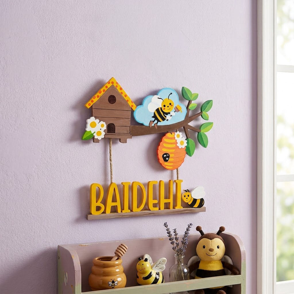 Honey Bee Themed Hand-Painted Wooden Kids Name Plate - Design 1