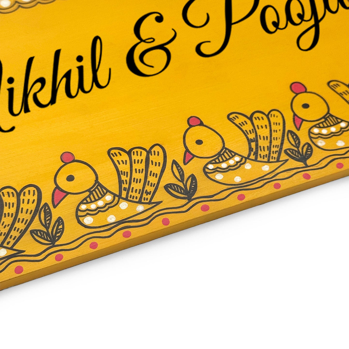 Peacock Artwork Hand-Painted Wooden Madhubani Name Plate For Home
