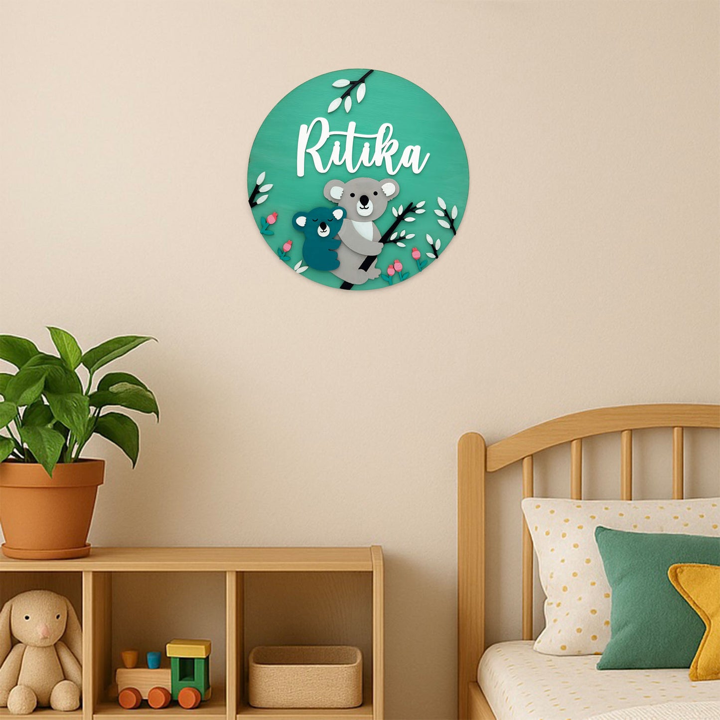 Bear Themed Hand-Painted Wooden Round Kids Name Plate