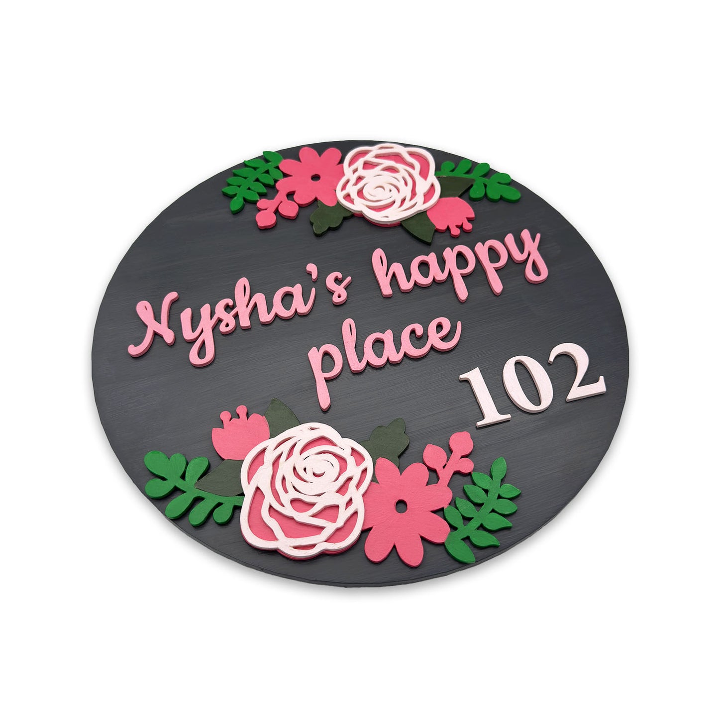 Rose Artwork Hand-Painted Wooden Floral Round Name Plate For Home