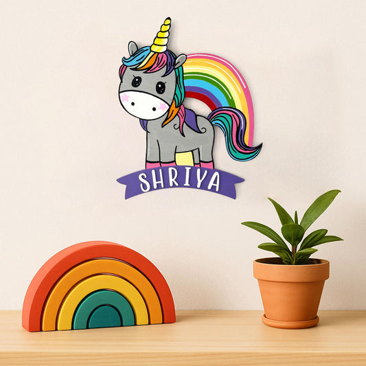 Unicorn Themed Hand-Painted Wooden Kids Name Plate -  Purple