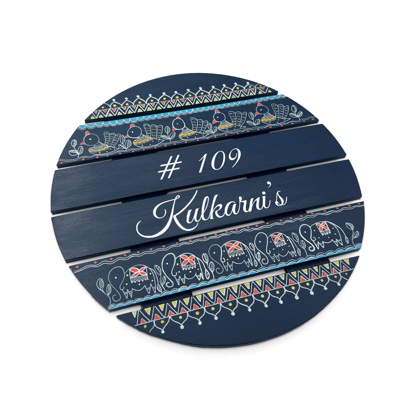 Peacock & Elephant Artwork Hand-Painted Wooden Madhubani Round Name Plate For Home