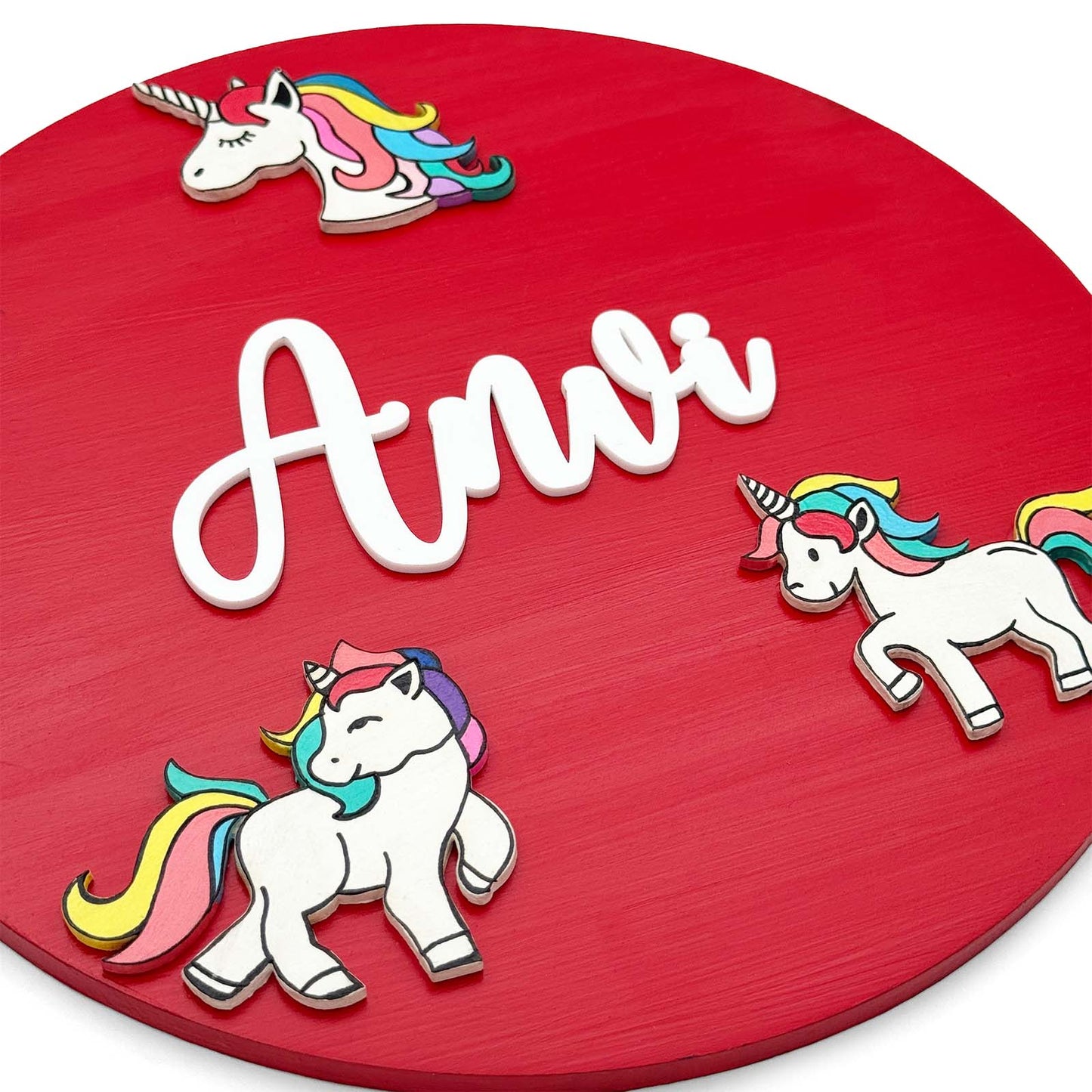 Unicorn Themed Hand-Painted Wooden Round Kids Name Plate - Design 1