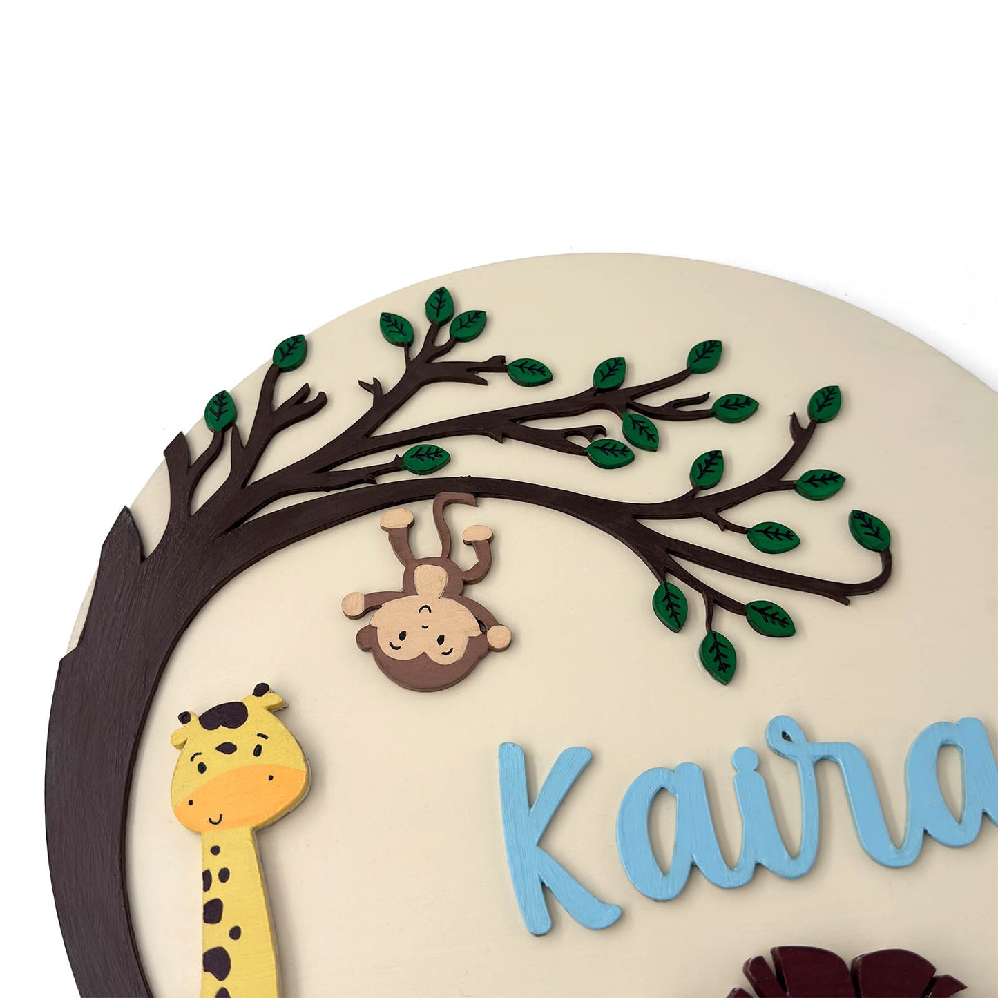 Animal Themed Hand-Painted Wooden Round Kids Name Plate - Design 8