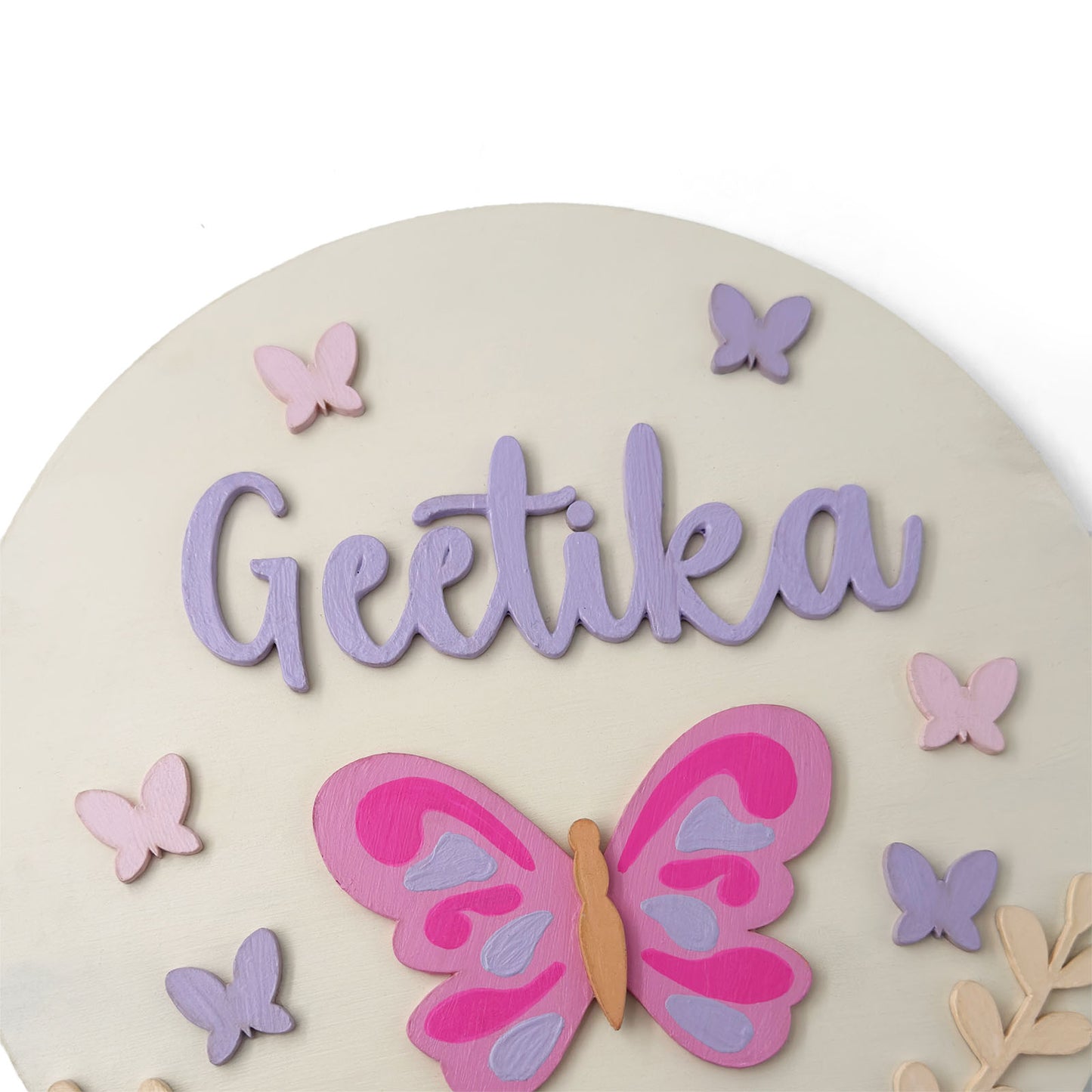 Butterfly & Flower Themed Hand-Painted Wooden Round Kids Name Plate - Design 2