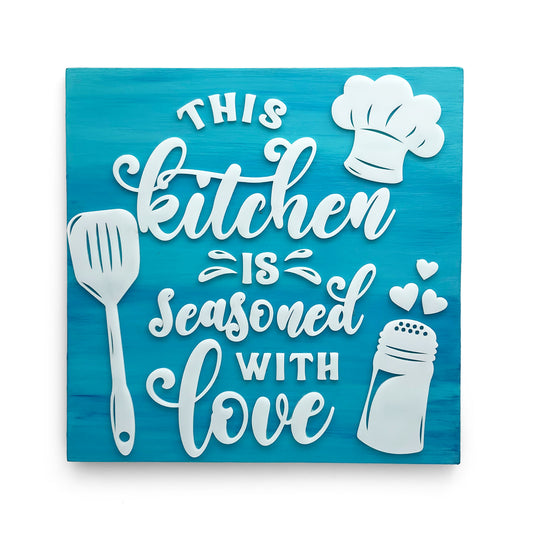 This Kitchen Is Seasoned With Love Hand-Painted Wooden Kitchen Wall Hanging - Blue