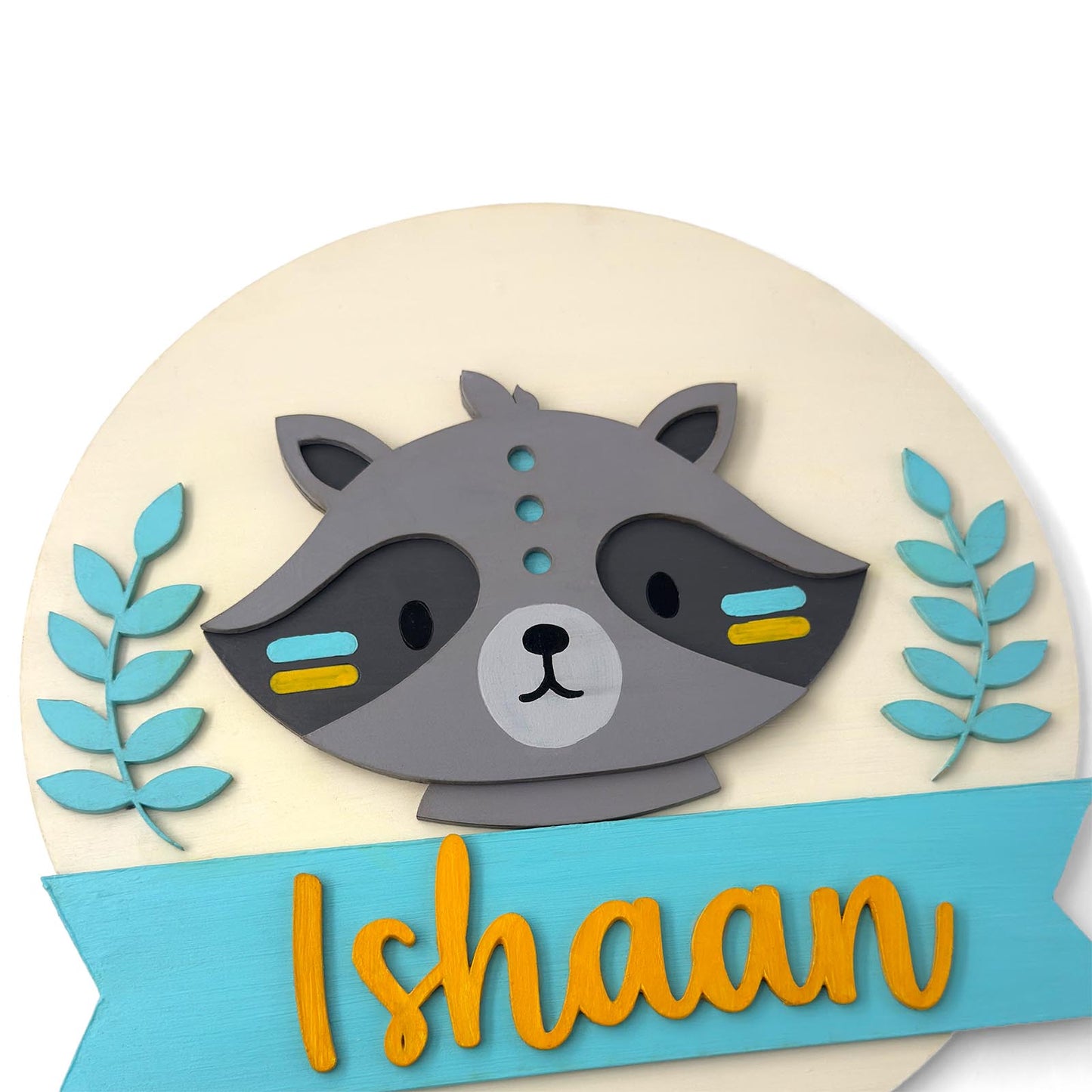 Racoon Themed Hand-Painted Wooden Round Kids Name Plate - Design 1