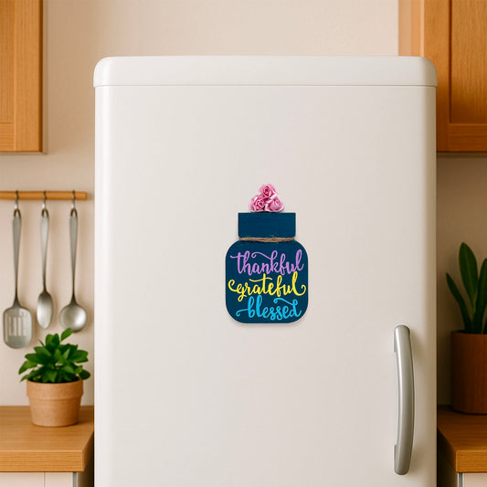 Thankful Grateful Blessed Hand-Painted Wooden Mason Jar Fridge Magnet - Dark Blue