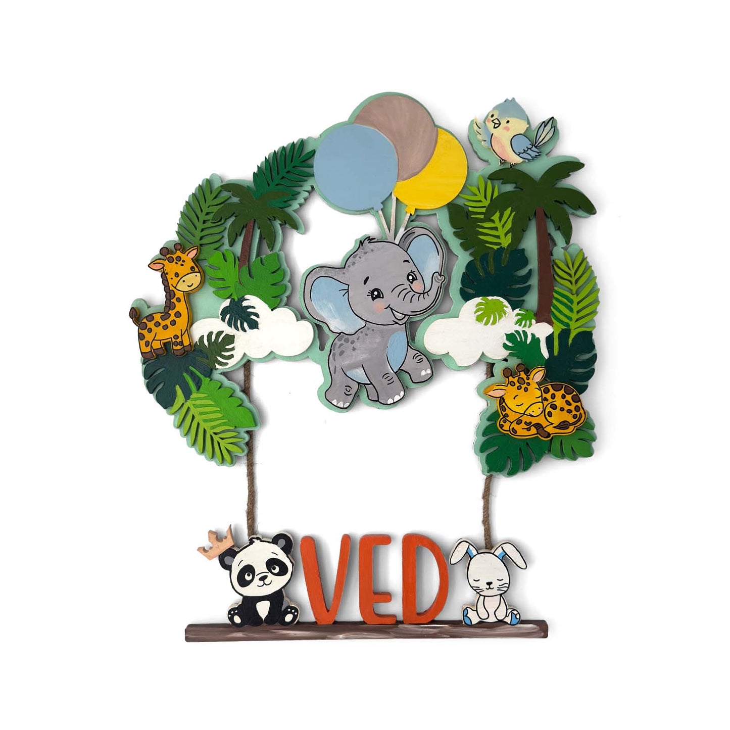 Animal Themed Hand-Painted Wooden Kids Name Plate - Design 5