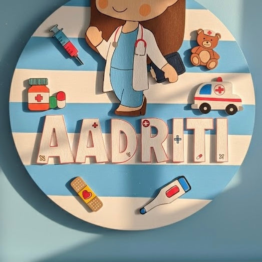 Doctor Themed Hand-Painted Wooden Round Kids Name Plate - Design 1