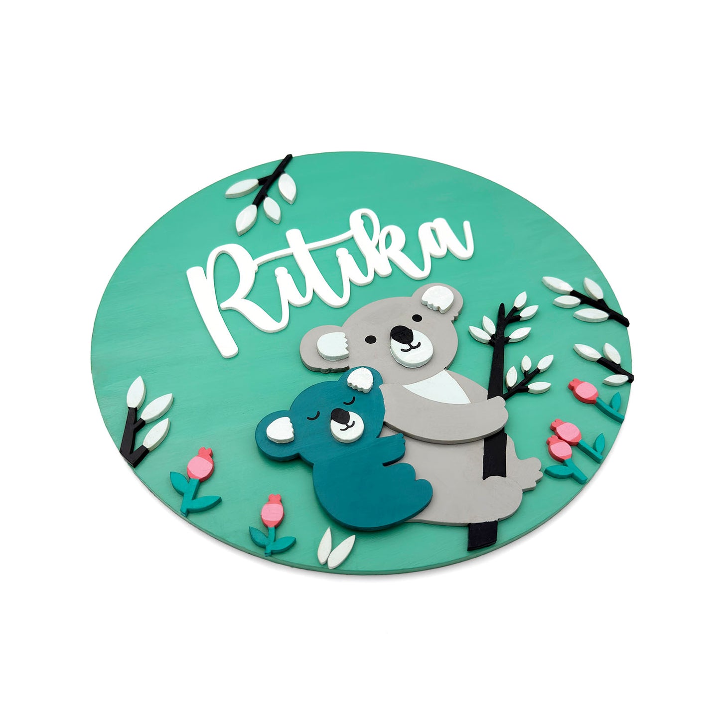 Bear Themed Hand-Painted Wooden Round Kids Name Plate