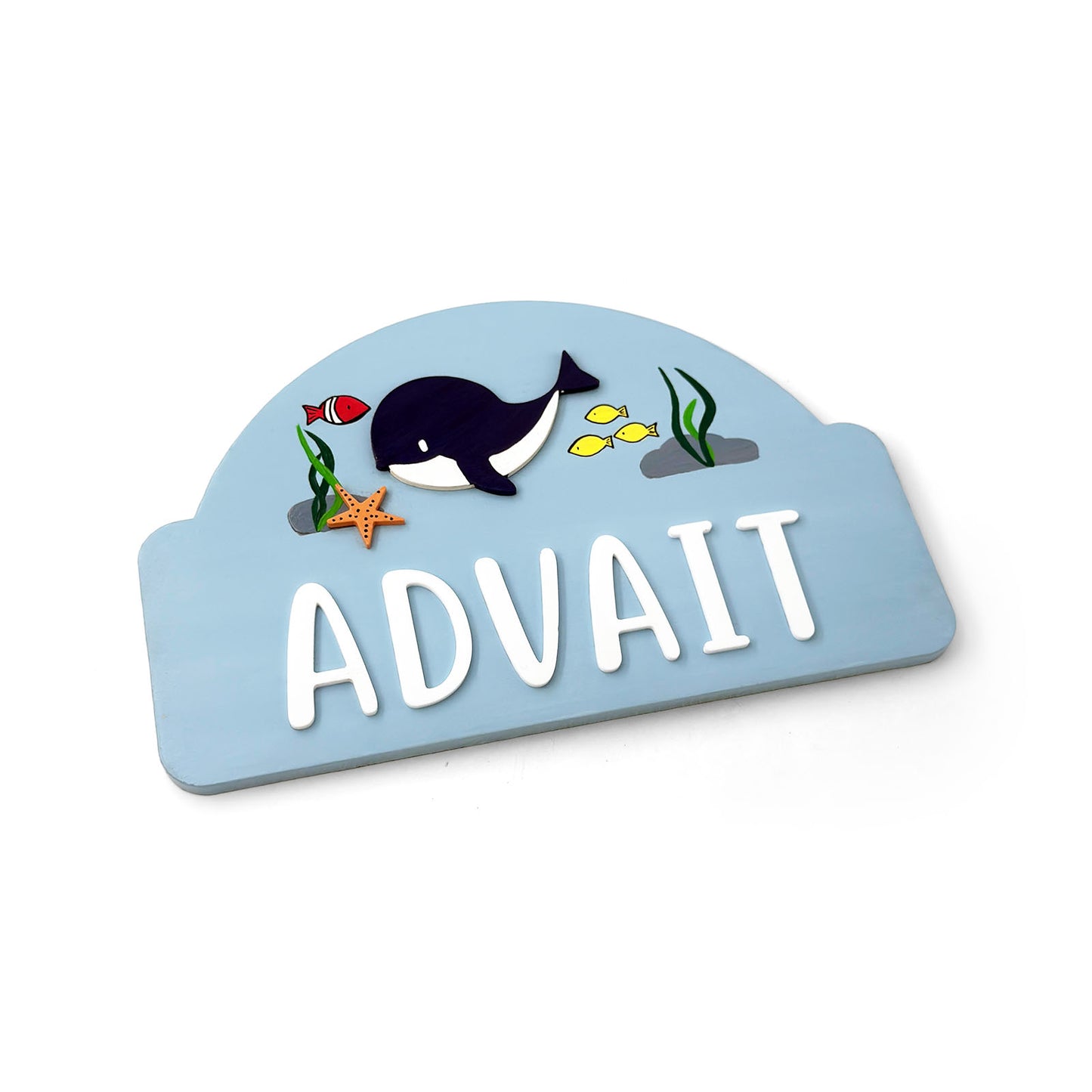 Sea Life Whale Themed Hand-Painted Wooden Arch-Shaped Kids Name Plate