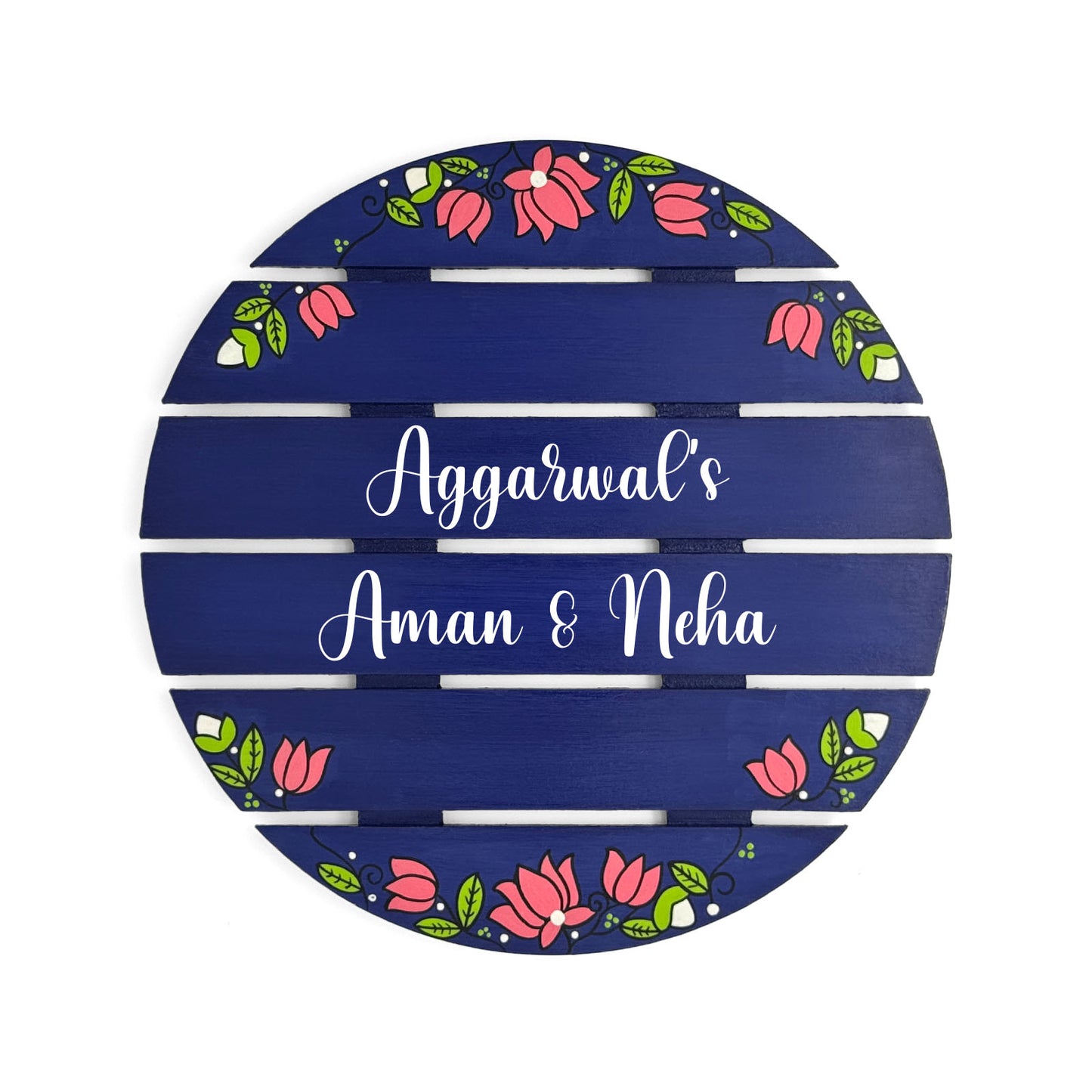 Lotus Artwork Hand-Painted Wooden Madhubani Round Name Plate For Home