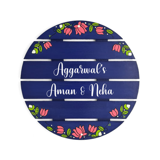 Lotus Artwork Hand-Painted Wooden Madhubani Round Name Plate For Home