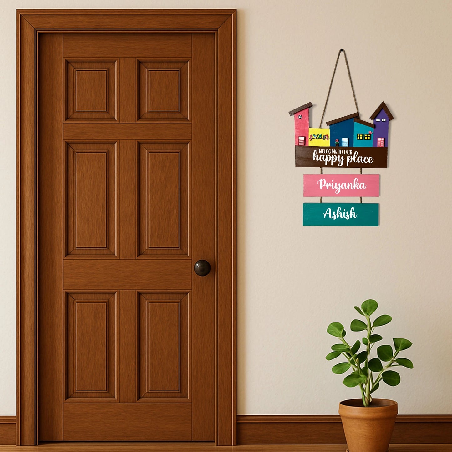 Hut-Shaped Hand-Painted Wooden Name Plate For Home - Hut Board & Two Planks Design 6