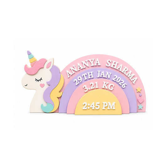 Unicorn Themed Hand-Painted Wooden Personalised Baby Birth Details Name Plate
