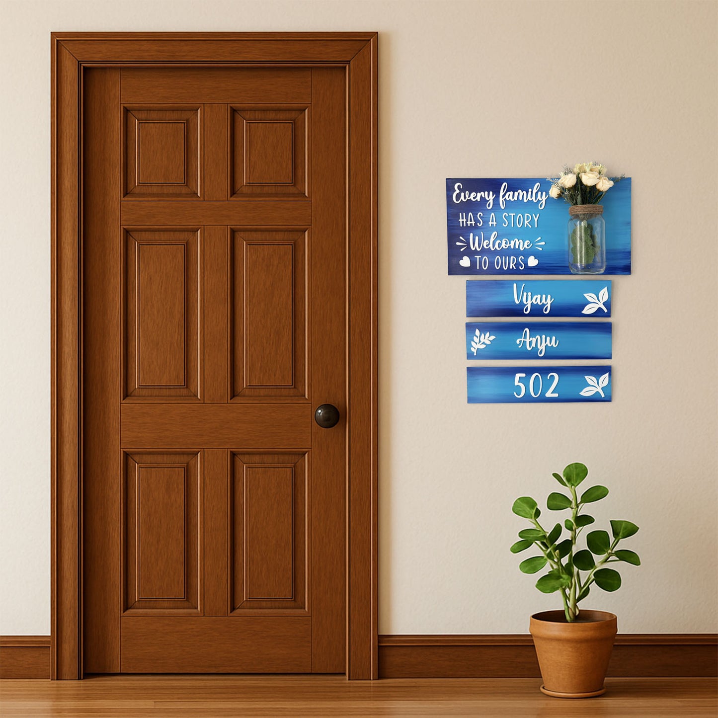 Every Family Has A Story Welcome To Ours Hand-Painted Wooden Name Plate With Jar For Home - Jar Board & Three Planks