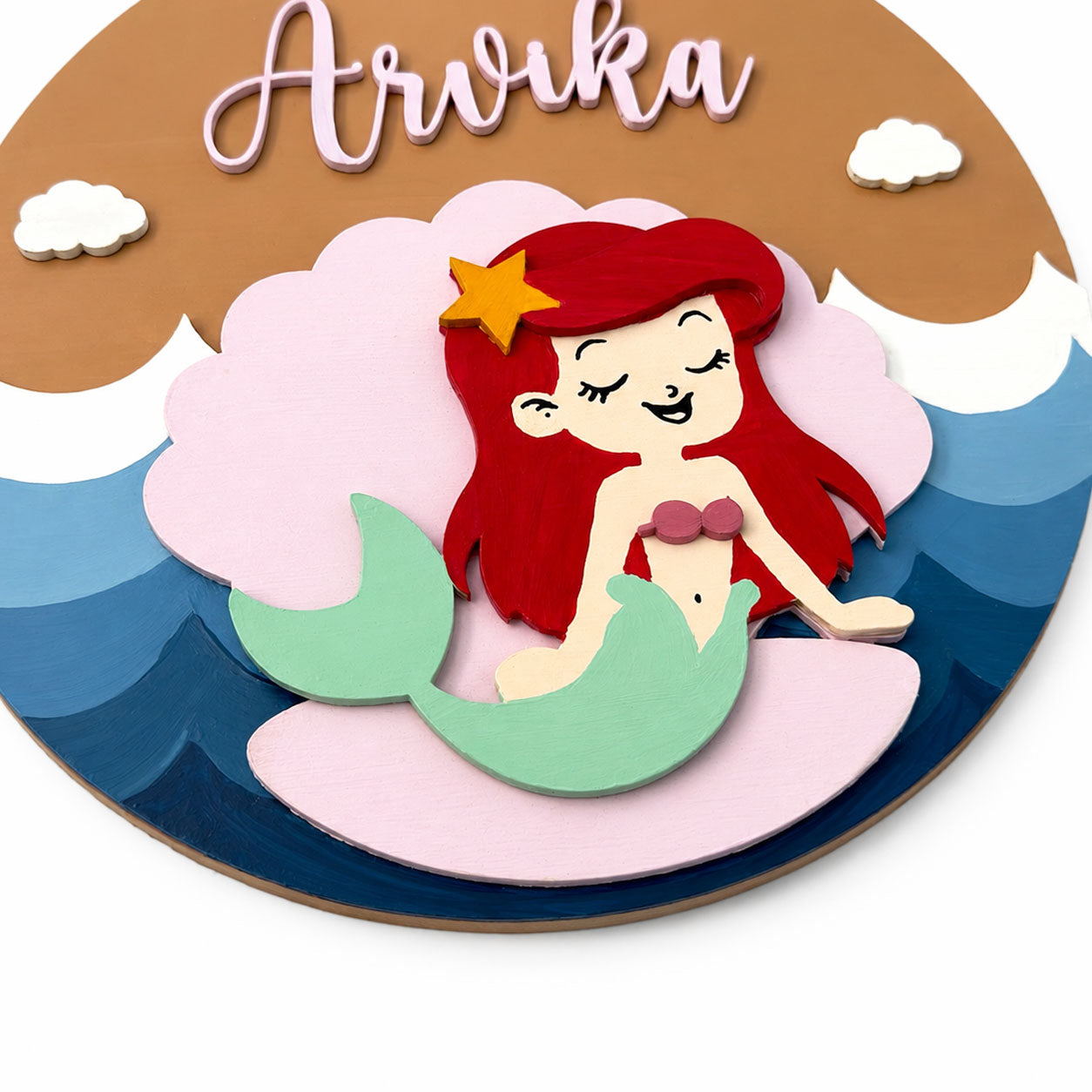 Mermaid Themed Hand-Painted Wooden Round Kids Name Plate - Design 2