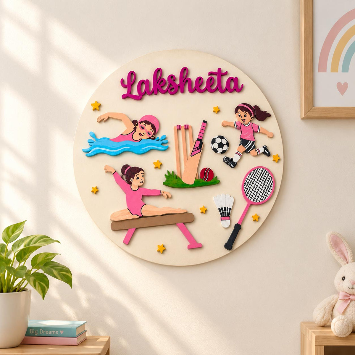 Sports Themed Hand-Painted Wooden Round Kids Name Plate - Design 2