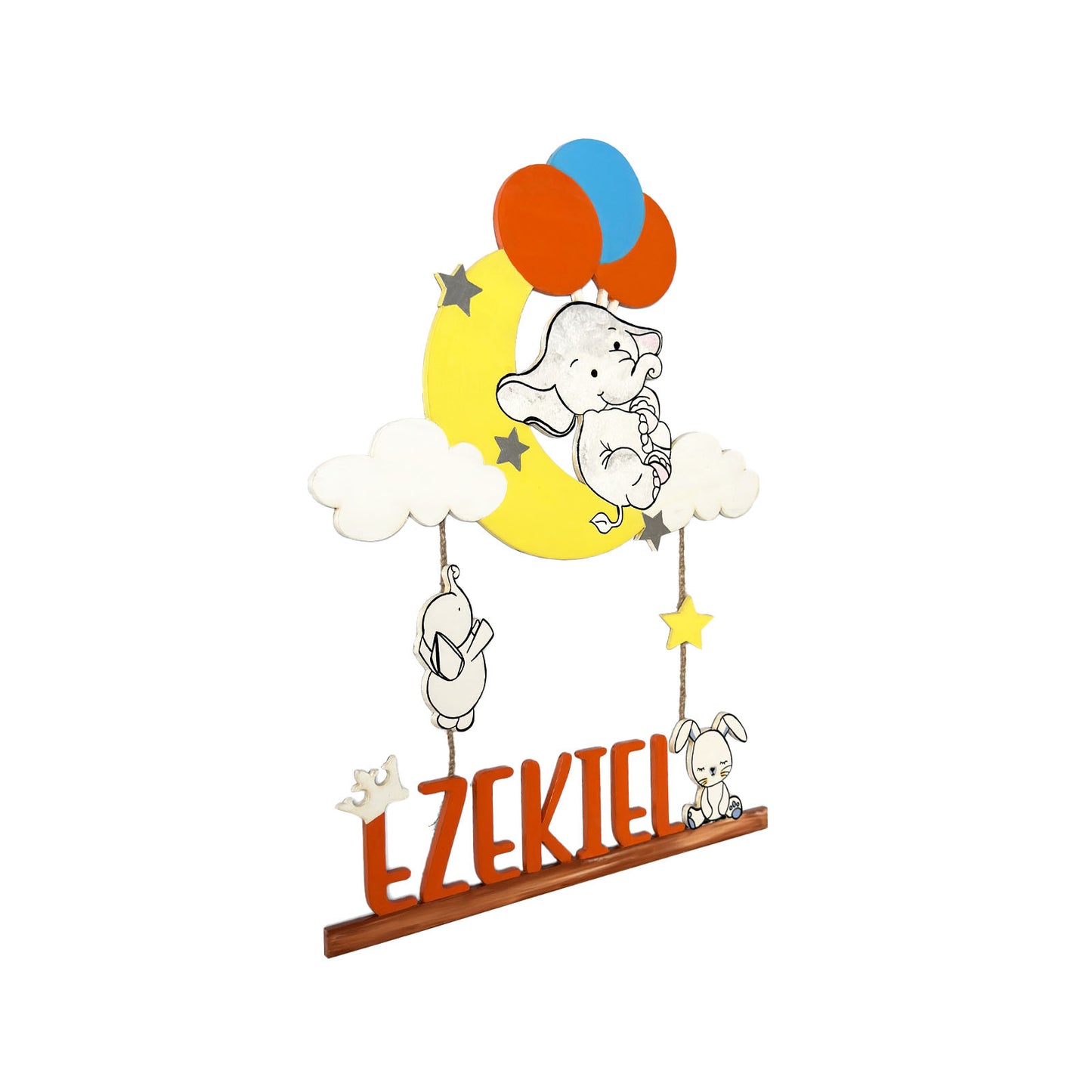 Elephant Themed Hand-Painted Wooden Kids Name Plate