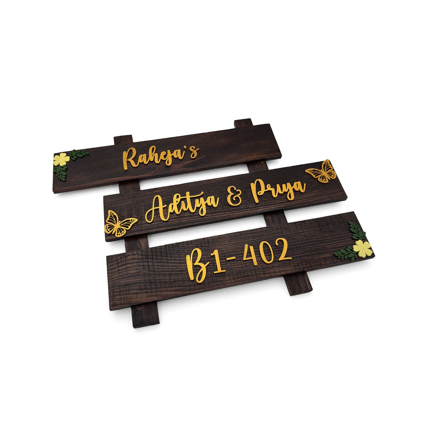 Butterfly & Flower Themed Hand-Painted Wooden Three Plank Name Plate For Home - Wooden Finish