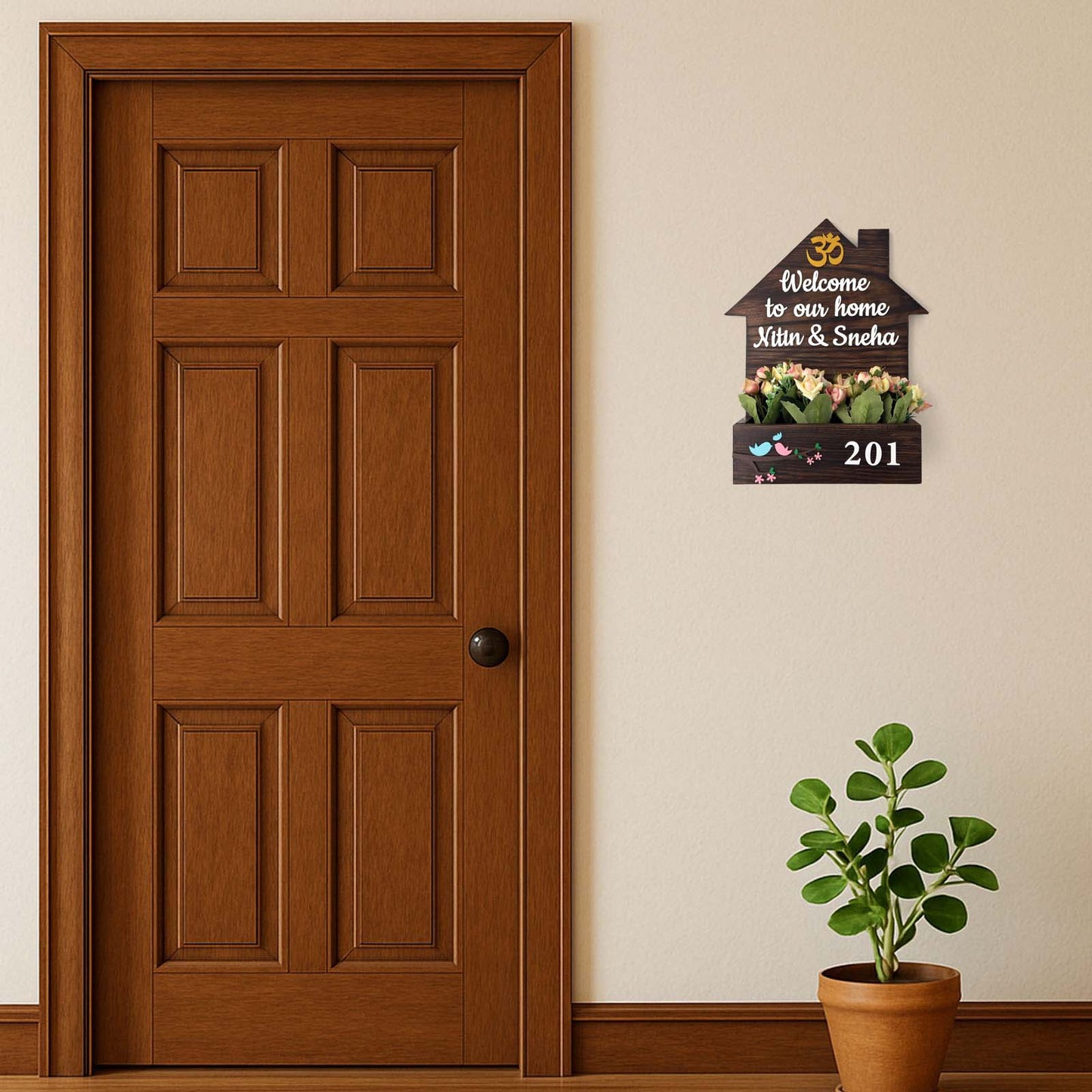 Hut-Shaped Hand-Painted Wooden Planter Name Plate For Home - Wooden Finish