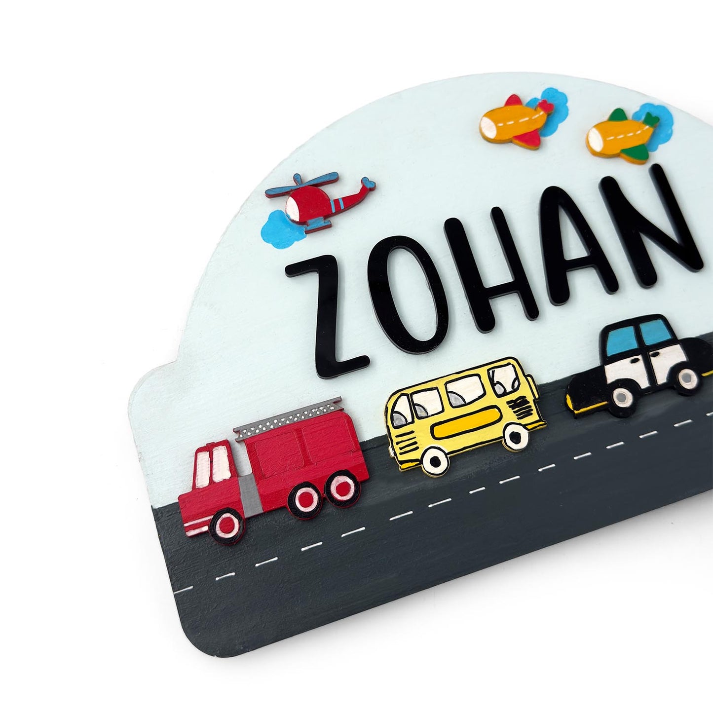 Vehicles Themed Hand-Painted Wooden Arch-Shaped Kids Name Plate