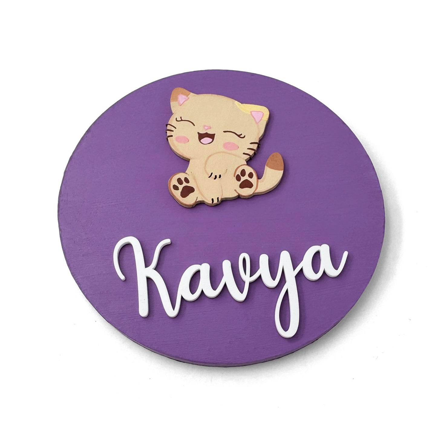 Cat Themed Hand-Painted Wooden Name Plate For Kids