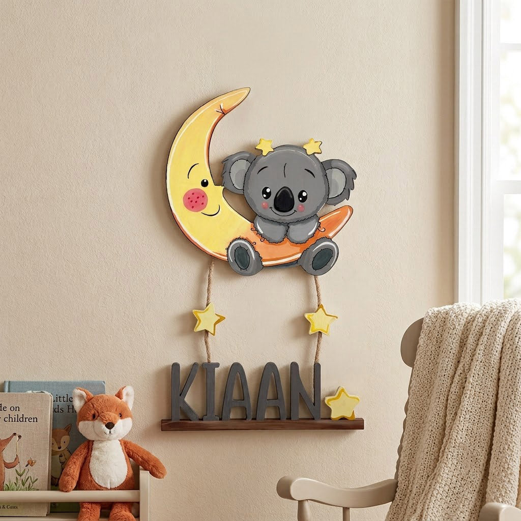 Koala Themed Hand-Painted Wooden Kids Name Plate - Design 1