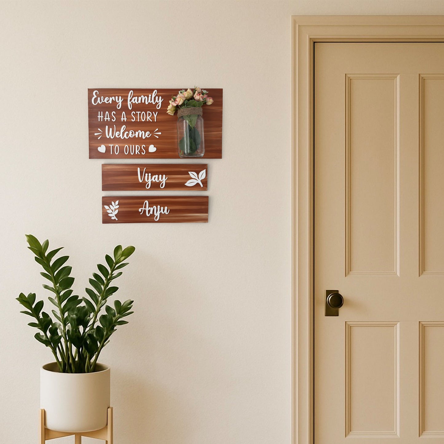 Every Family Has A Story Welcome To Ours Hand-Painted Wooden Name Plate With Jar For Home - Jar Board & Two Planks