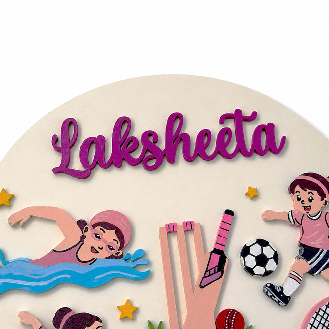 Sports Themed Hand-Painted Wooden Round Kids Name Plate - Design 2