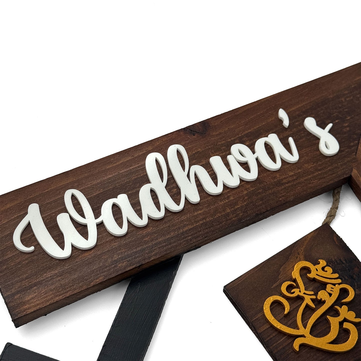 House With Roof And Double Plank Hand-Painted Wooden Hut-Shaped Name Plate For Home - Black & Wooden Finish