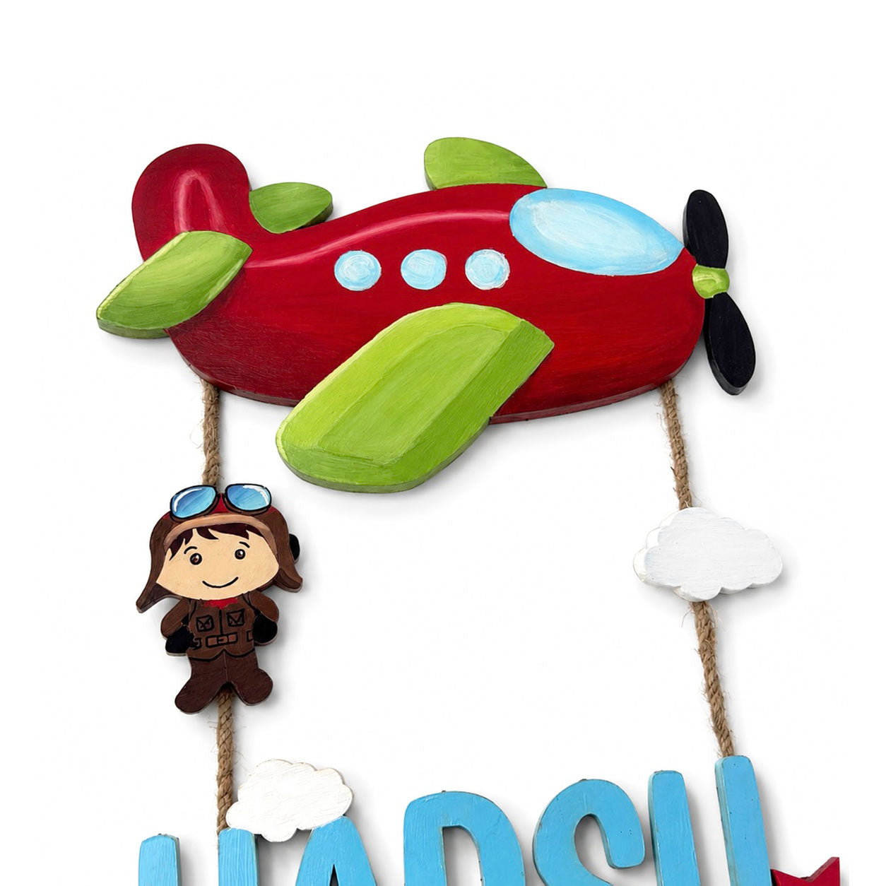 Airplane Pilot Themed Hand-Painted Wooden Kids Name Plate - Design 2