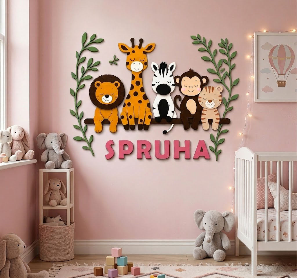 Animals Themed Hand-Painted Wooden Personalised Name Plate Wall Decor
