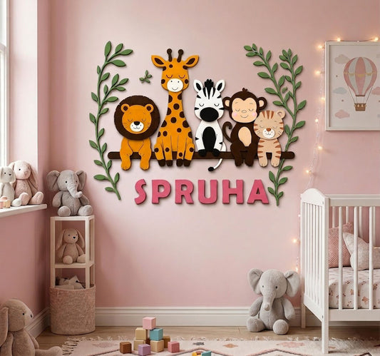 Animals Themed Hand-Painted Wooden Personalised Name Plate Wall Decor