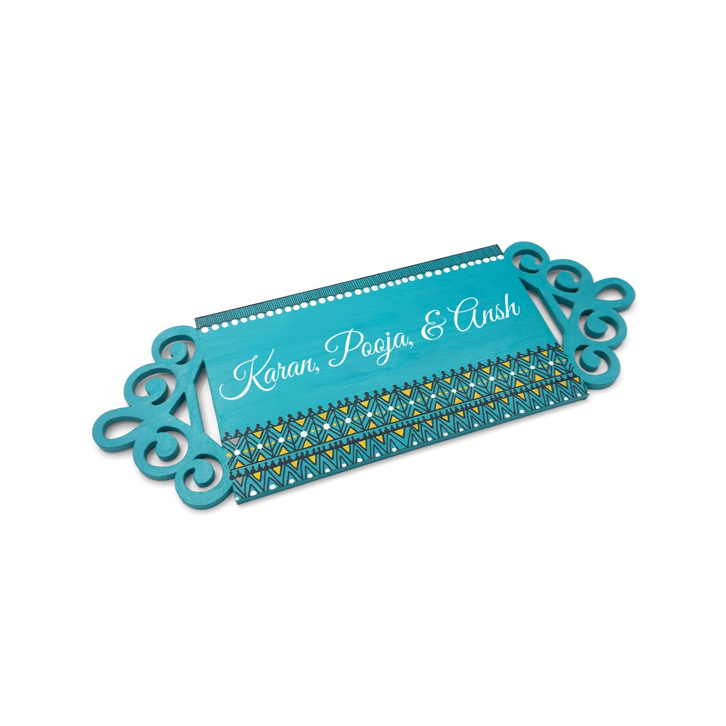 Geometric Artwork Hand-Painted Wooden Madhubani Name Plate For Home