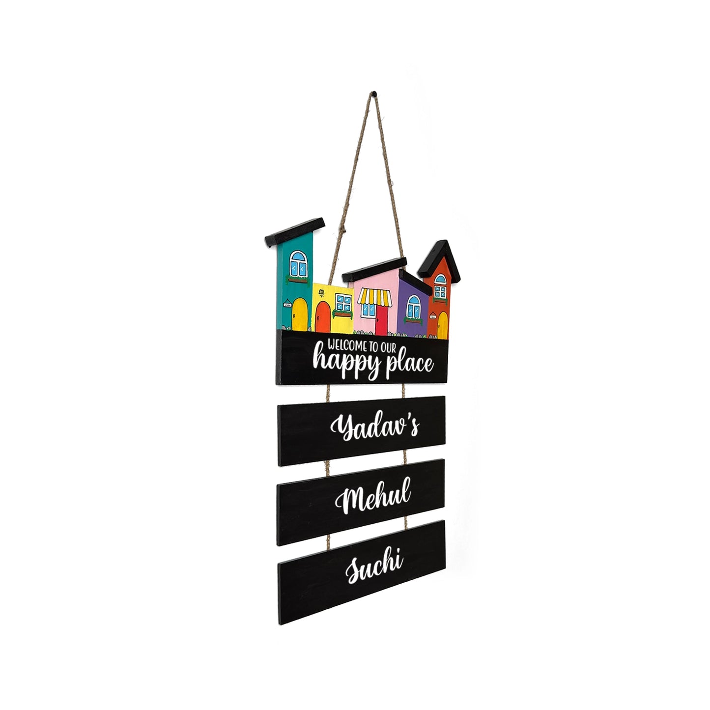 Hut-Shaped Hand-Painted Wooden Name Plate For Home - Hut Board & Three Planks Design 1