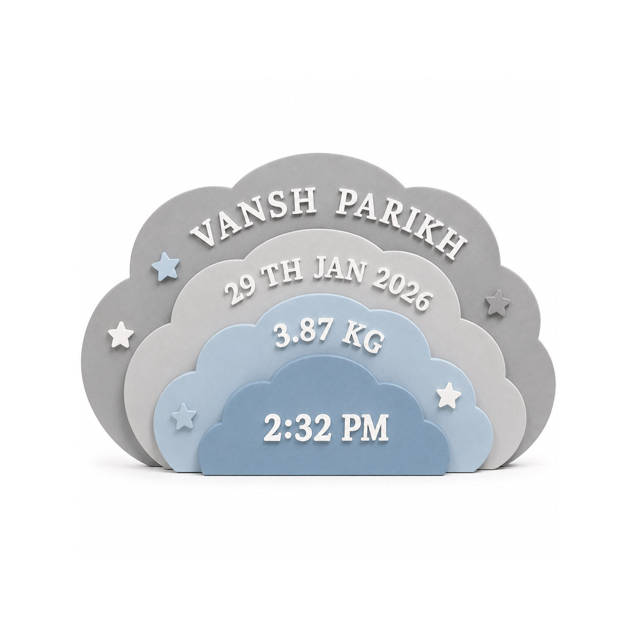 Clouds Themed Hand-Painted Wooden Personalised Baby Birth Details Name Plate