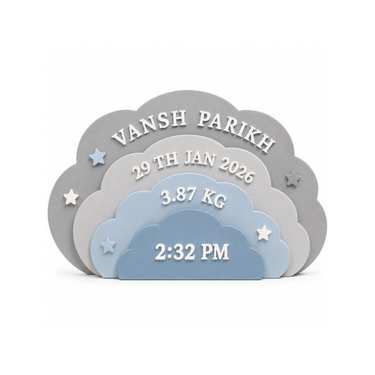 Clouds Themed Hand-Painted Wooden Personalised Baby Birth Details Name Plate