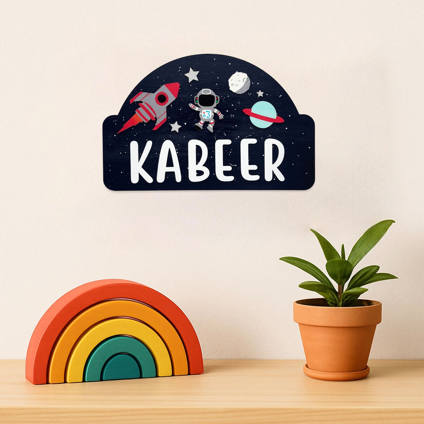 Space  Themed Hand-Painted Wooden Kids Name Plate - Blue