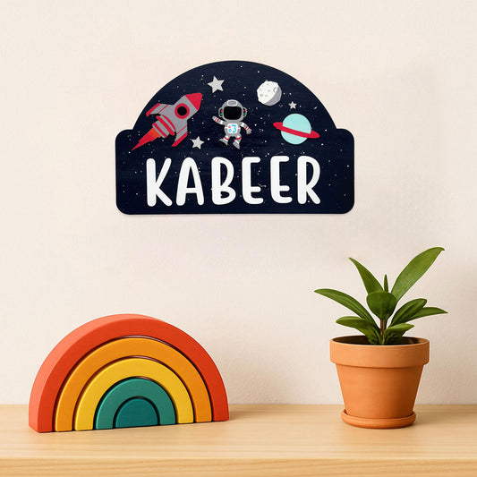 Space  Themed Hand-Painted Wooden Kids Name Plate - Blue