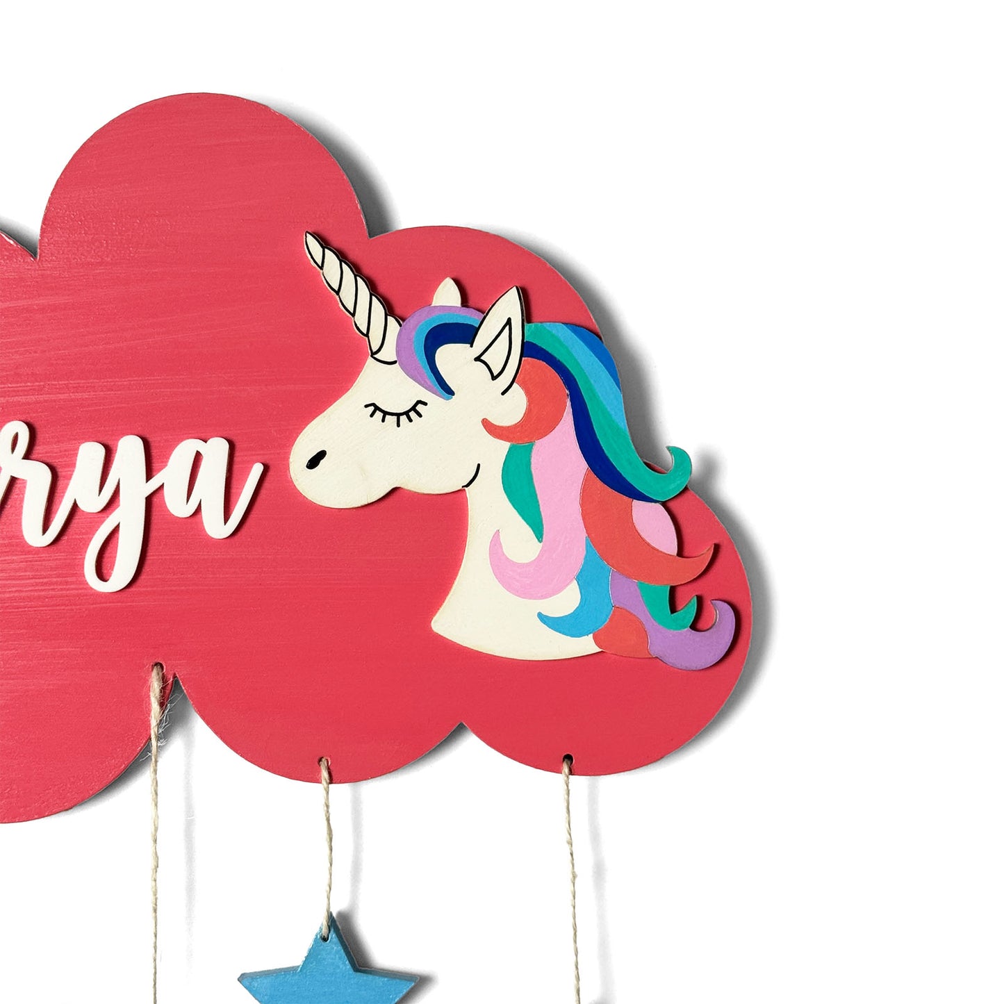 Cloud & Unicorn Themed Hand-Painted Wooden Kids Name Plate