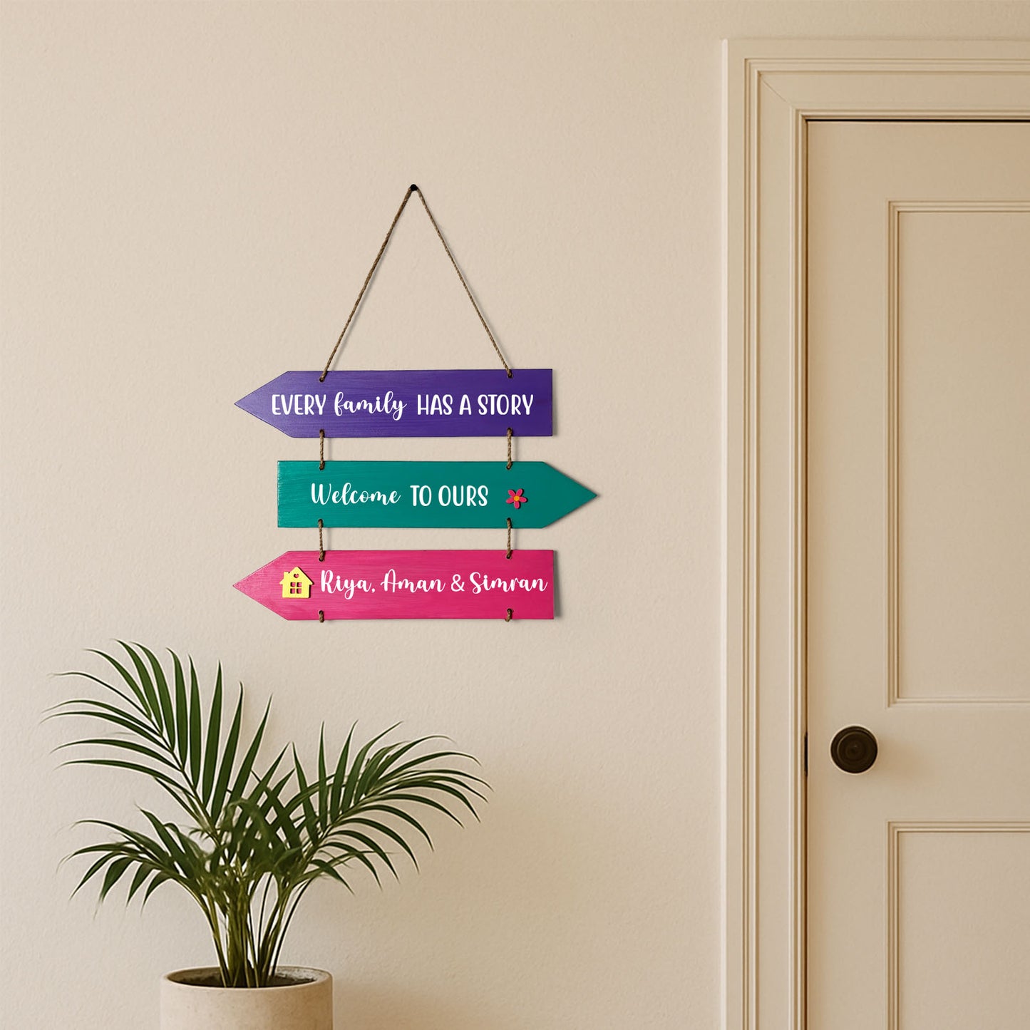 Every Family Has A Story Welcome To Ours Hand-Painted Wooden Arrow Plank Name Plate For Home