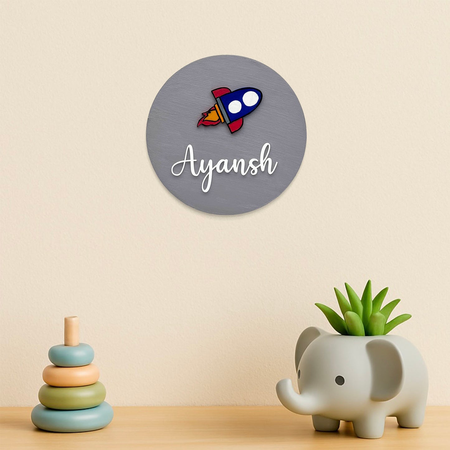 Rocket Themed Hand-Painted Wooden Mini Kids Name Plate