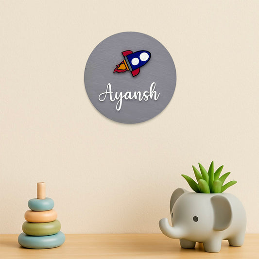 Rocket Themed Hand-Painted Wooden Mini Kids Name Plate